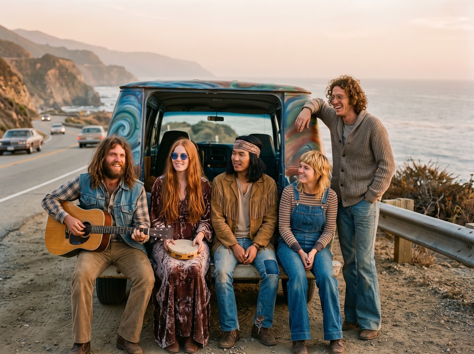 The band sits on the open back of a hand-painted swirled van parked beside the coast highway at sunset, cliffs and ocean behind them; Moss plays an acoustic guitar and Juniper holds a tambourine