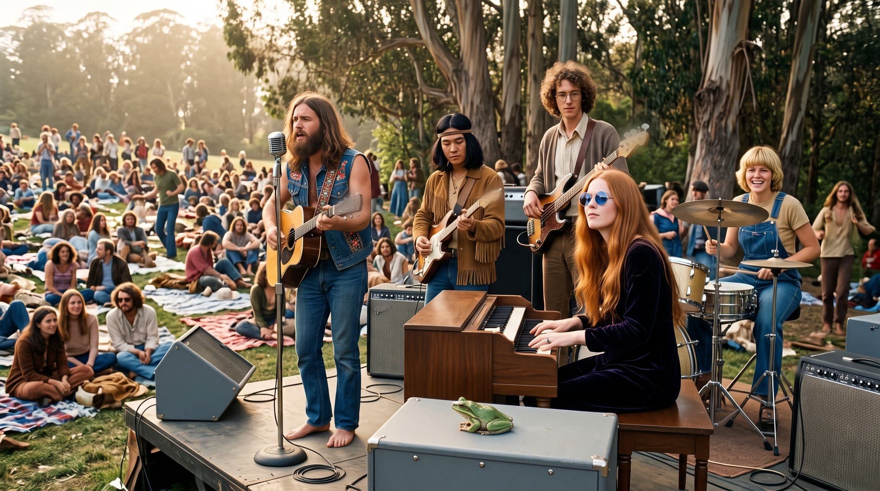 The five band members play on a low stage in a eucalyptus-lined park meadow on a hazy afternoon: a barefoot bearded singer with an acoustic guitar, a guitarist in a headband and fringed suede jacket, a bassist in a cardigan, a red-haired organist in round blue sunglasses and a grinning drummer in overalls; a green frog sits on a monitor in front; the crowd sits on blankets on the grass