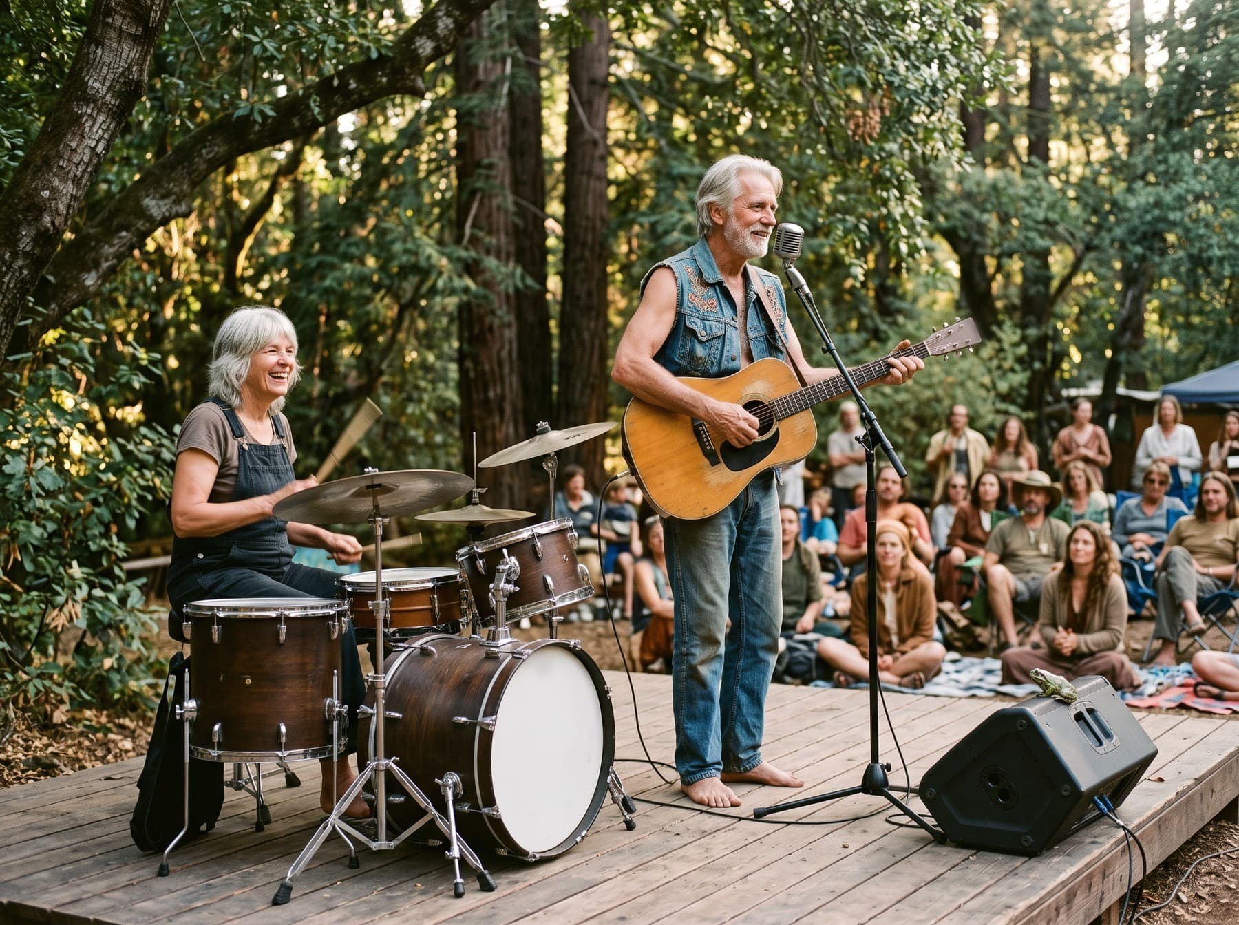 Present day: a gray-haired, barefoot Moss Calloway sings with an acoustic guitar and a laughing gray-haired Wren Haskell plays drums on a wooden stage in a redwood grove; a frog sits on the speaker; the audience sits on blankets